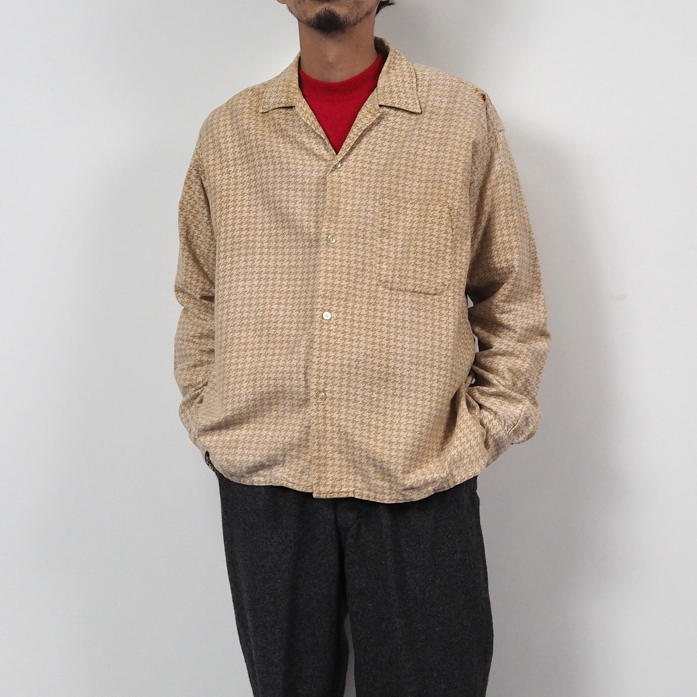 60’s Somerset open collar print flannel shirt “houndstooth” L USA製 千鳥格子 プリントネル オープンカラーシャツ