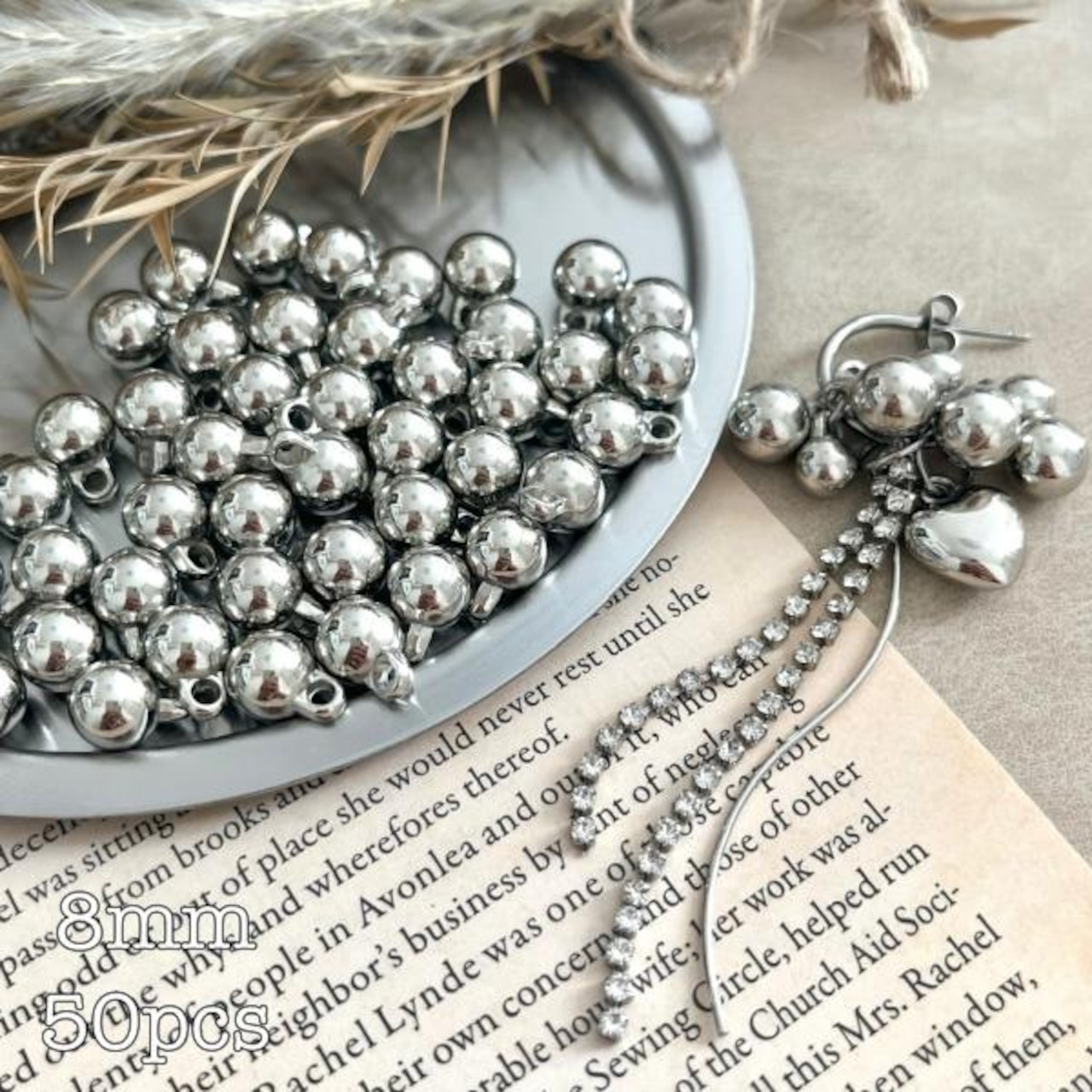 【50個】8mm CCBアクリルラウンドロジウムボールチャーム/ビーズ/スペーサー/メタル風/鈴丸
