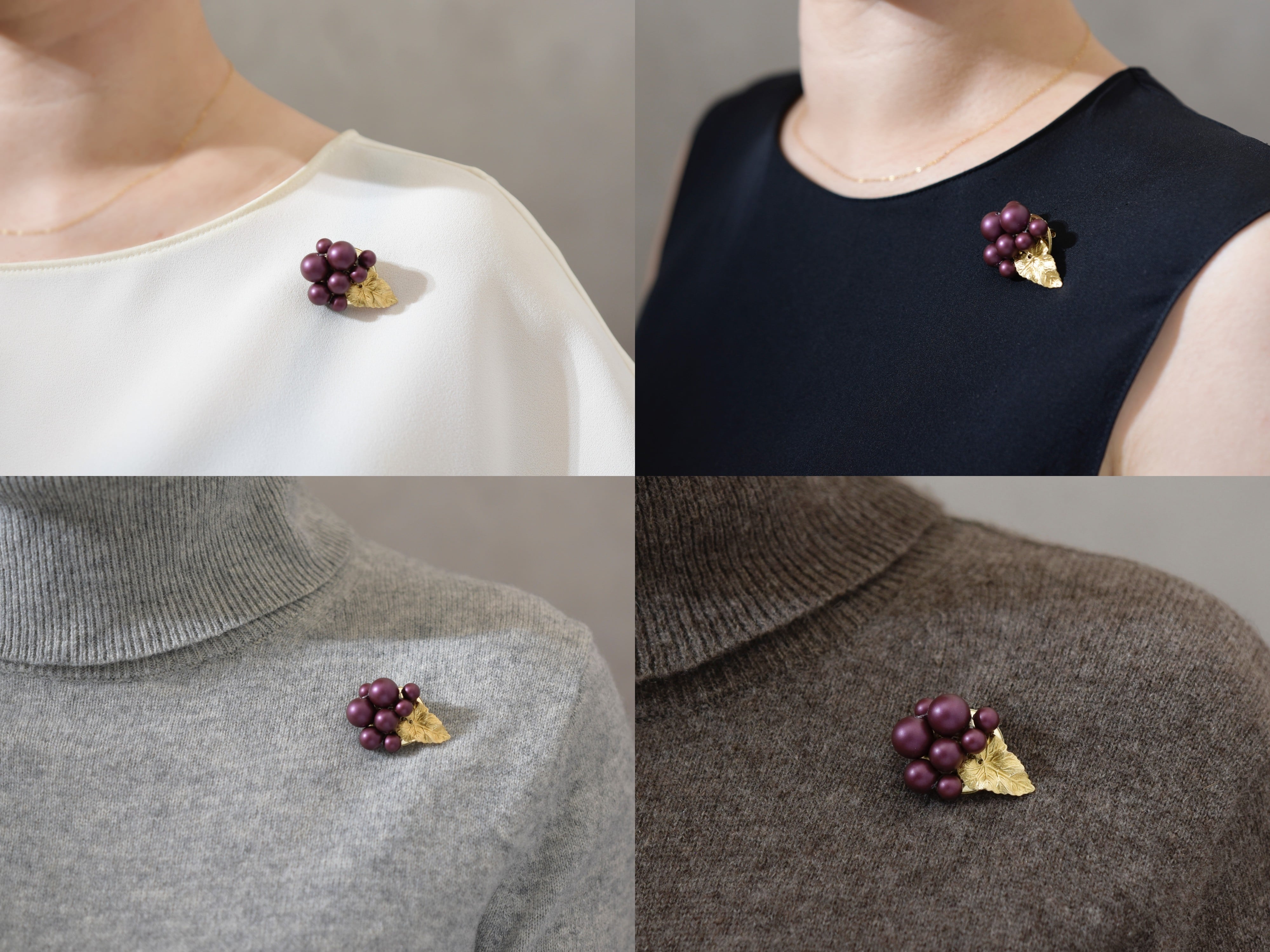 ギフトセット【ブローチとピアス／イヤリング】紫の花（葉っぱ付）古希