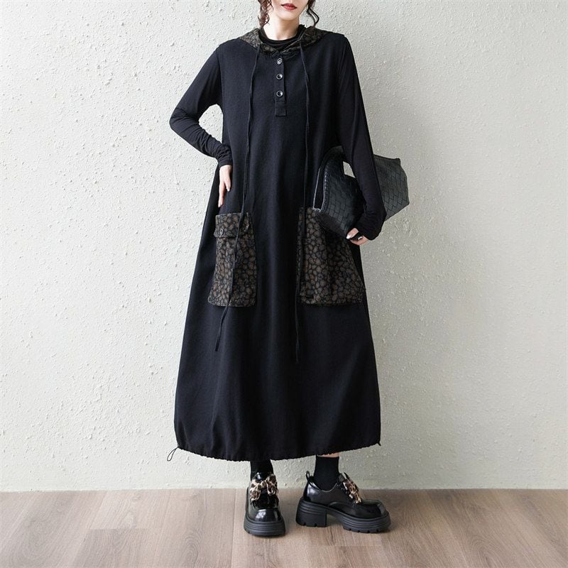 CONTRAST HOODED LARGE POCKET LONG SLEEVE DRESS M-18134