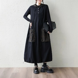 CONTRAST HOODED LARGE POCKET LONG SLEEVE DRESS M-18134