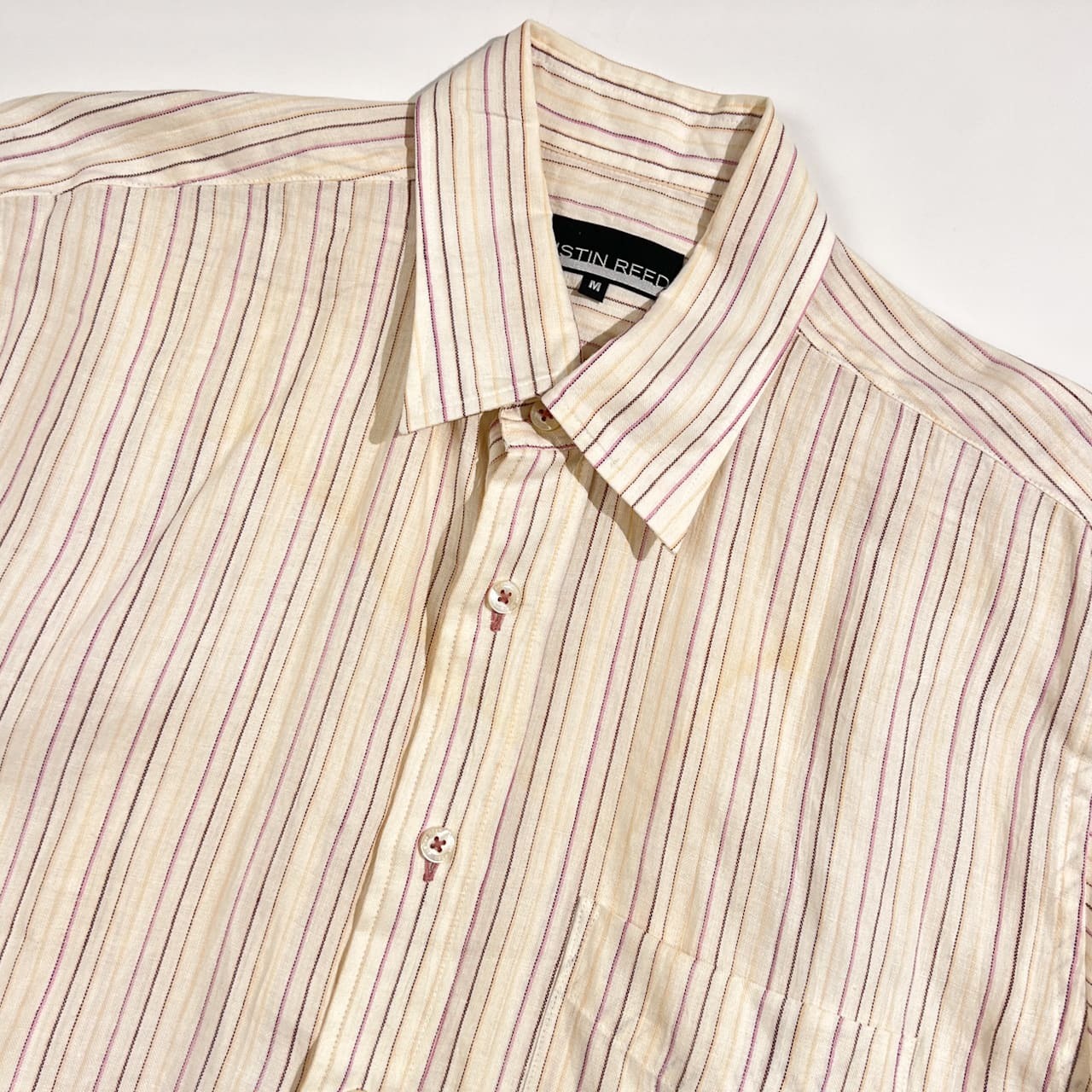 リネン100% AUSTIN REED オースチンリード ストライプ 半袖 シャツ サイズ M /アイボリー系 メンズ