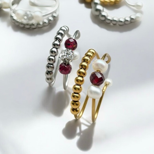 大人の 誕生石 イヤリング イヤーカフ◇ガーネット+淡水パール ◇ノンホールピアス 金属アレルギー対応