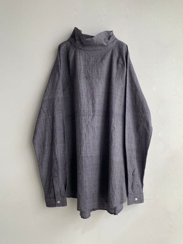 High neck gather blouse "dark navy chambray " khadi cotton