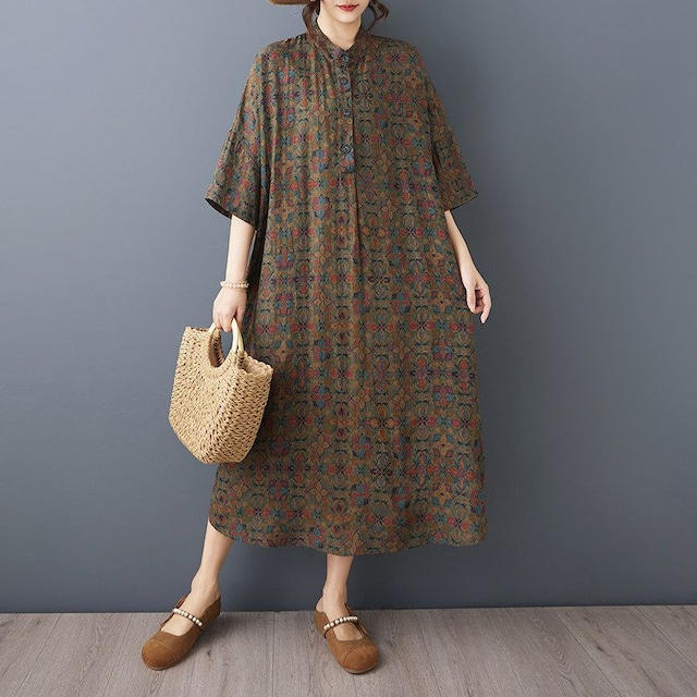 PRINT ROUND NECK SHORT SLEEVE LINEN MIDI DRESS M-17381