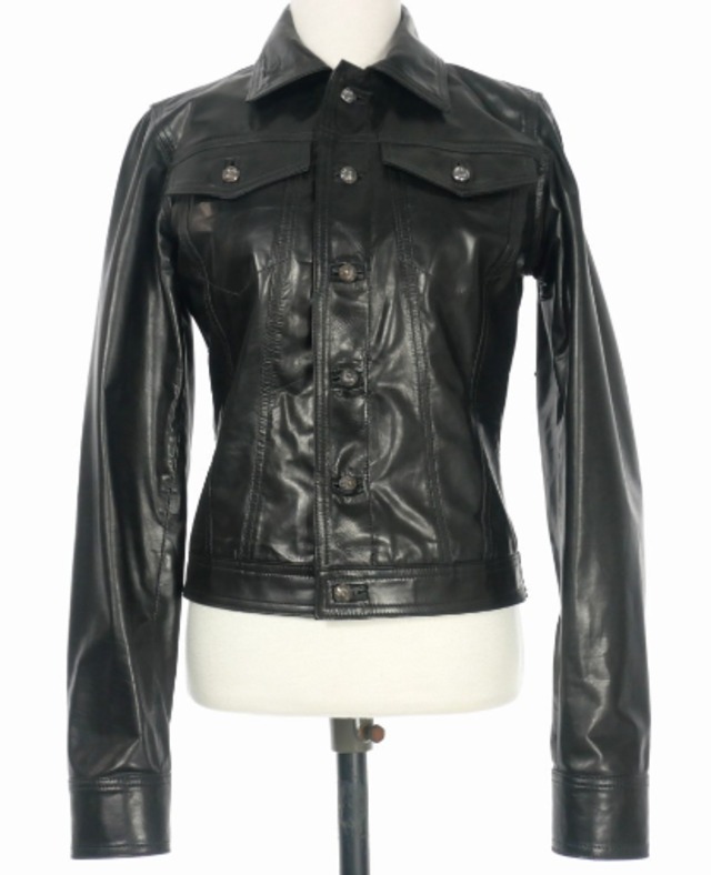 CHROME HEARTS クロムハーツ カウレザージャケット 革ジャン ブルゾン CHクロスパッチ コンチョ釦 レディース