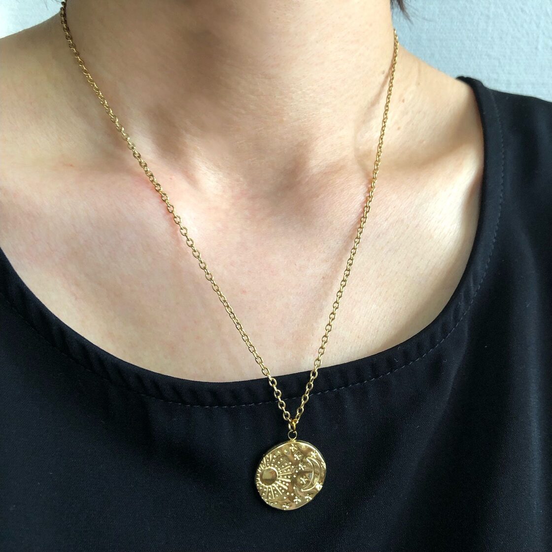 月と太陽のプレートネックレス ステンレス製 ゴールド ハンドメイド 