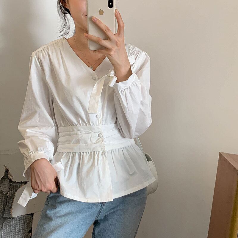 ホワイトシャツ サマースタンダードVネックウェスト薄手 ロング レトロ 夏物 クレセントシティ85854340833