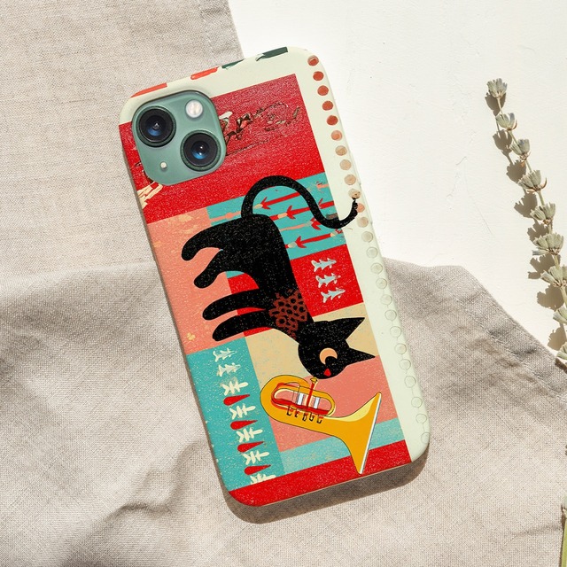 iPhoneケース 黒猫 ユーフォニウム 音楽｜金管楽器 北欧レトロ CAT035
