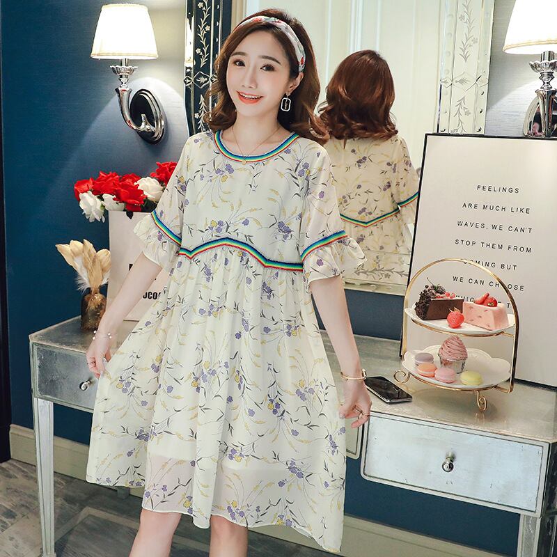 【新作】【送料無料】 新しいファッションフローラルシフォンルーズミドル丈プラスサイズのマタニティドレスのマタニティウェア2019夏バージョン-アリババ 大きめサイズ サマー 夏物 花柄 expec235375322407