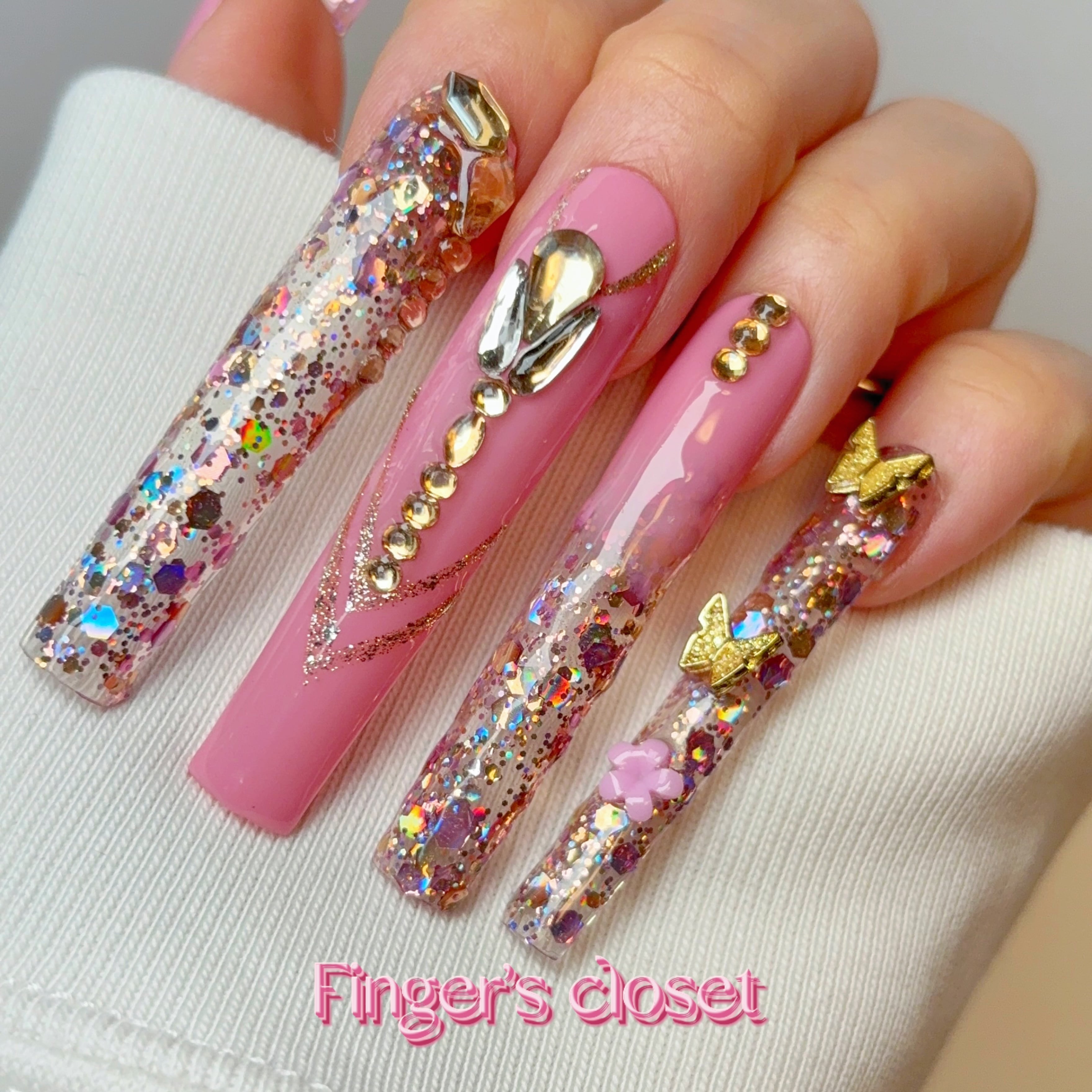 ネイルチップ 韓国 ピンク キラキラ ストーン ジュエリー ネイルチップオーダー 5d40695b9501b5e32aeec9d383469a
