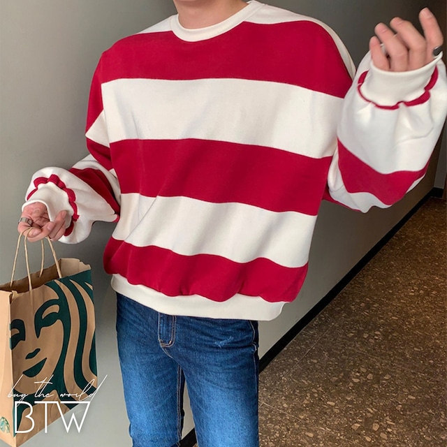 【韓国メンズファッション】ビックボーダー長袖Tシャツ シンプル ベーシック カジュアル ユニセックス  BW2428