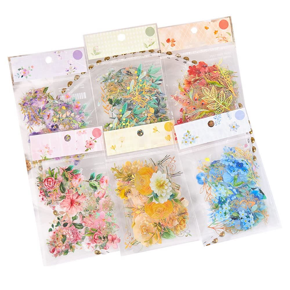 MOMI シール 花 シール フレークフレークシール 透明・箔押し・防水・花 DIY 手帳の飾り 透明性と防水性メモ用紙ノート素材、日記装飾用品 6パック