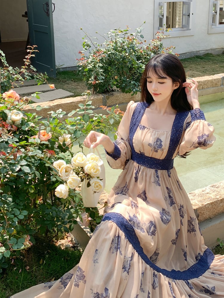 ロングワンピース レディース ロング ワンピース 花柄 スクエアネック