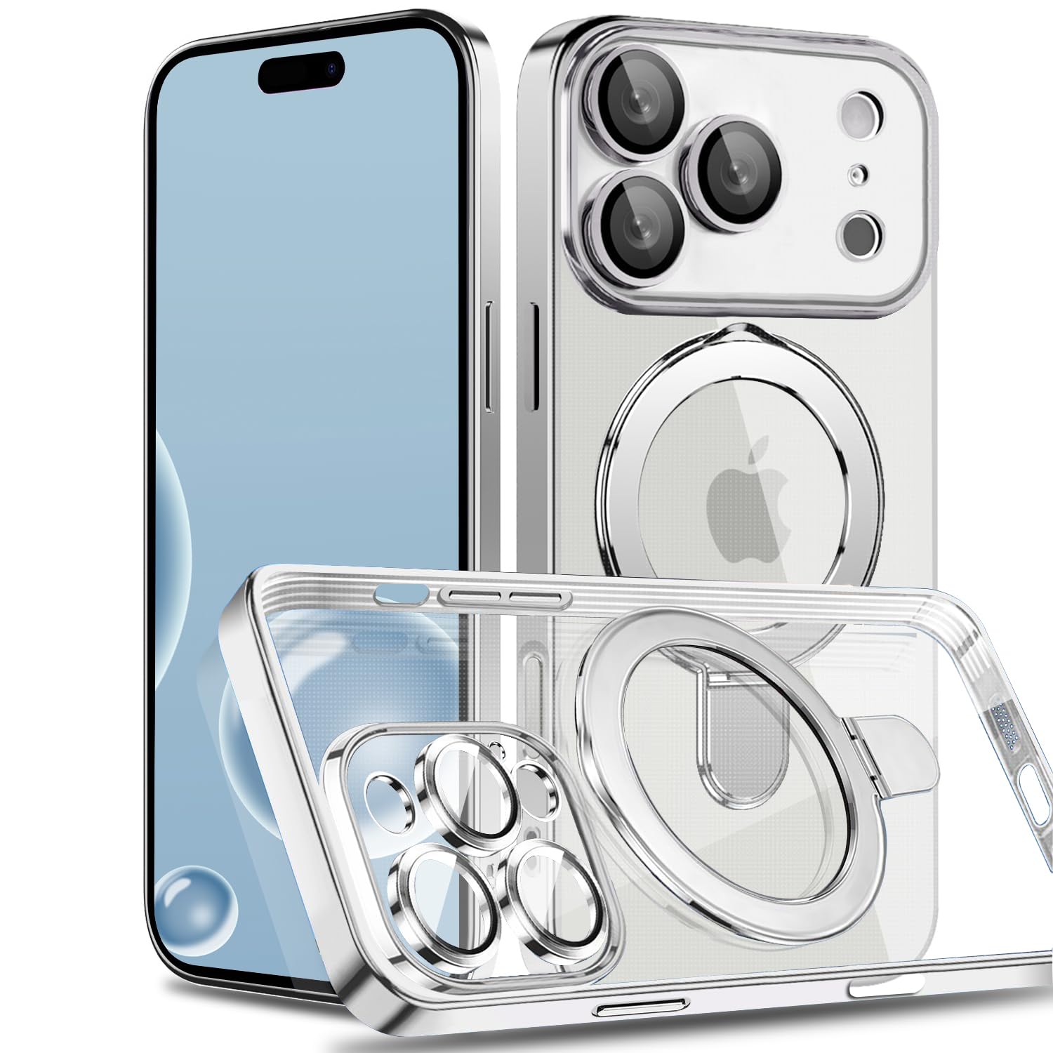 MuZiF iPhone 18 Pro 用 ケースリング付き クリア 透明 メッキ加工 MagSafe対応 薄型軽量 耐衝撃 磁気カバー(クリア)