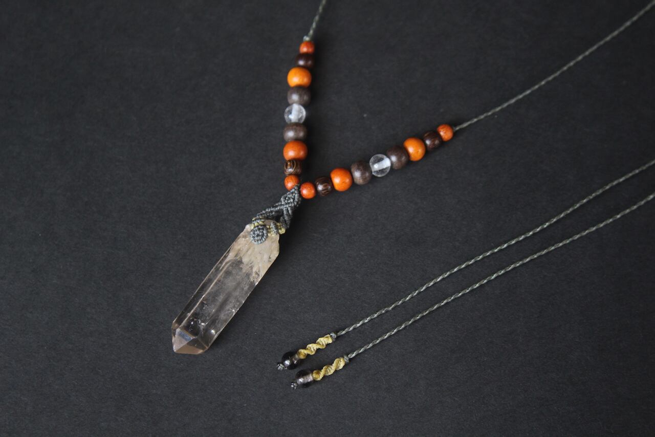 Himalayan crystal micro macrame wood pendant