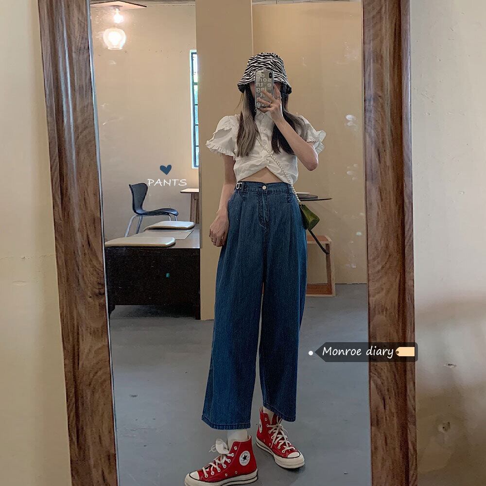 ブルーハイウェストジーンズ サマー薄手ルーズパンツ 夏物 モンロー57997256774