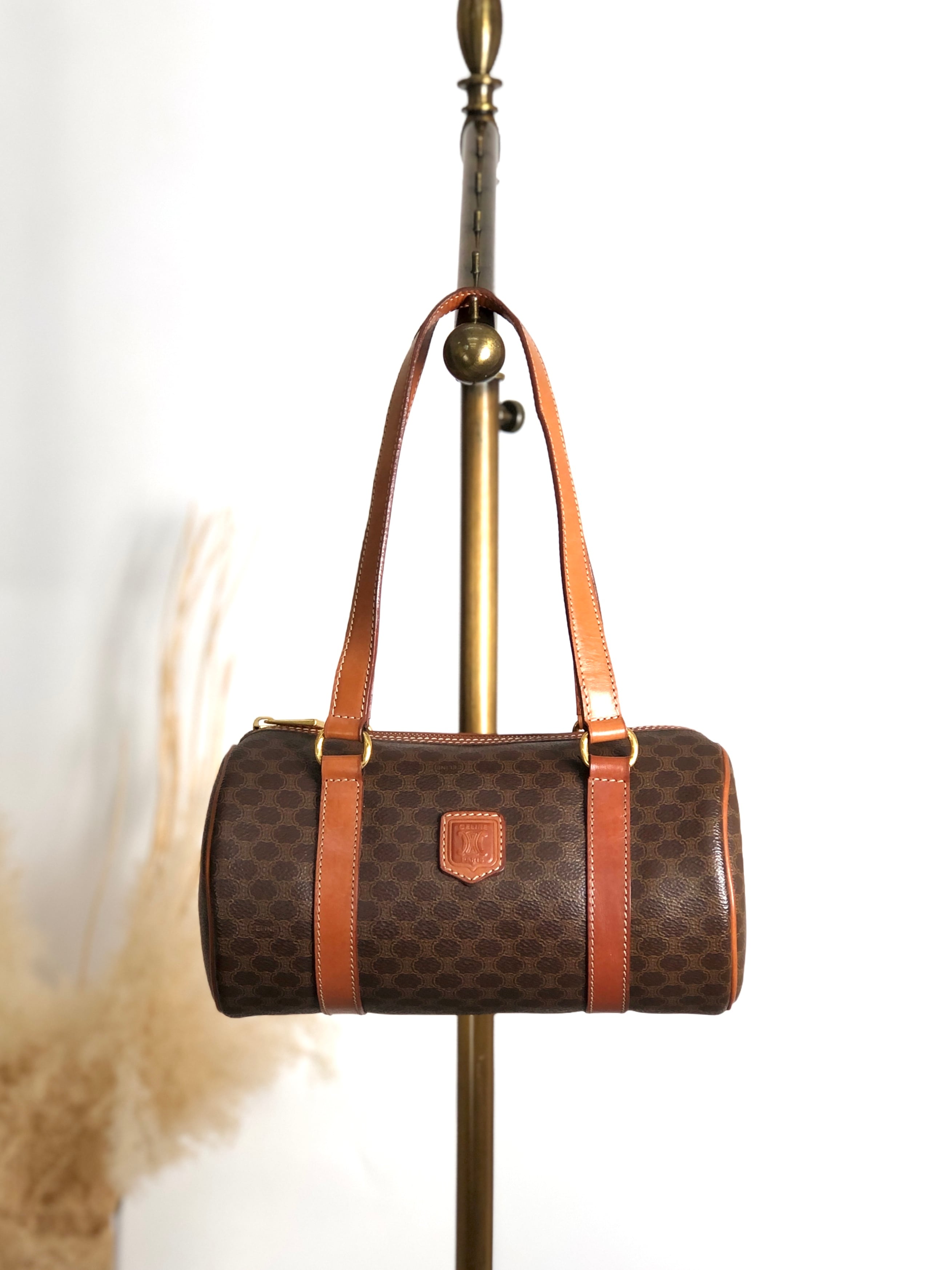 CELINE セリーヌ マカダム ハンドバッグ ブラウン ブラゾン型押し PVC ミニボストン ロールバッグ vintage ヴィンテージ オールド gbe4wr