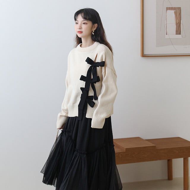 1度着用 yori 黒 長袖ニットセーター 38 ウールパフスリーブニット