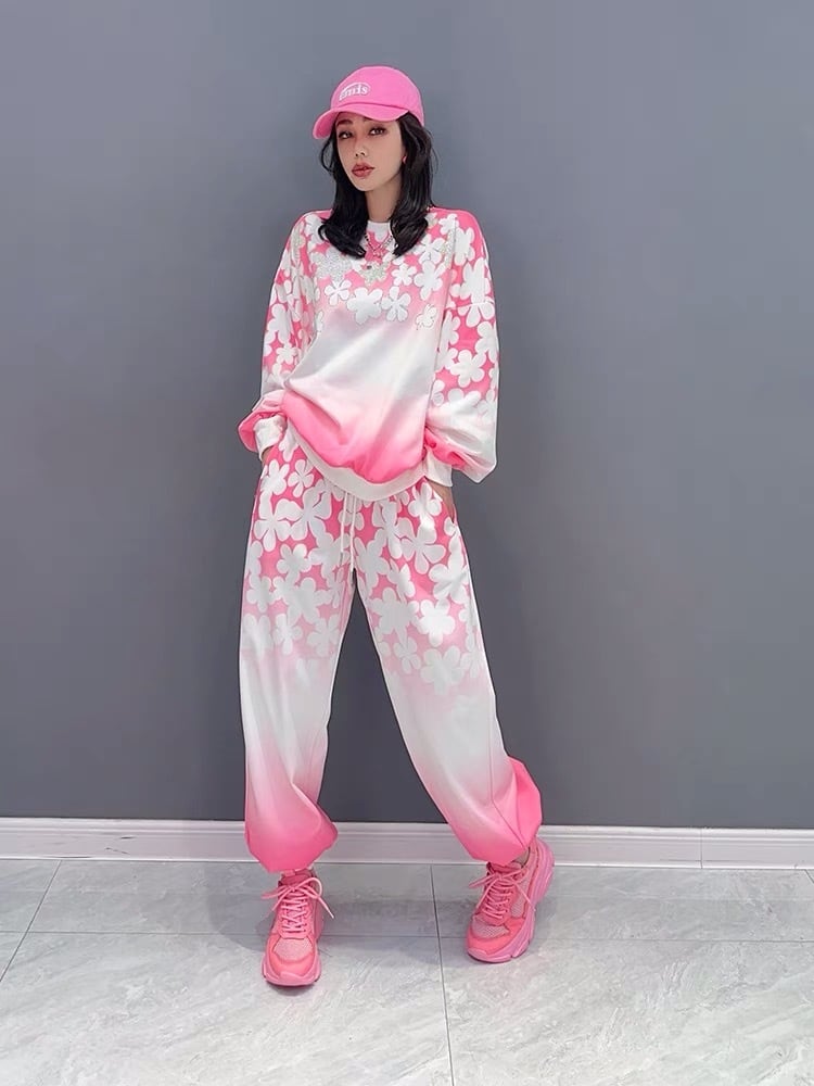 セットアップ】花柄 フラワー ピンク 水色 スウェット トレーナー