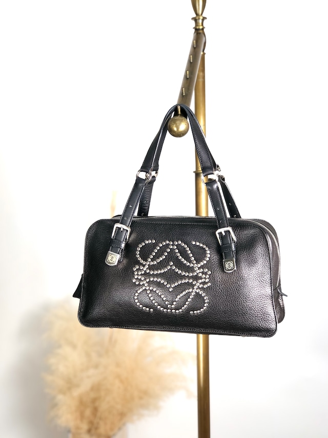 LOEWE ロエベ ハンドバッグ ブラック アナグラム スタッズ レザー ミニボストン vintage ヴィンテージ オールド ebimhj
