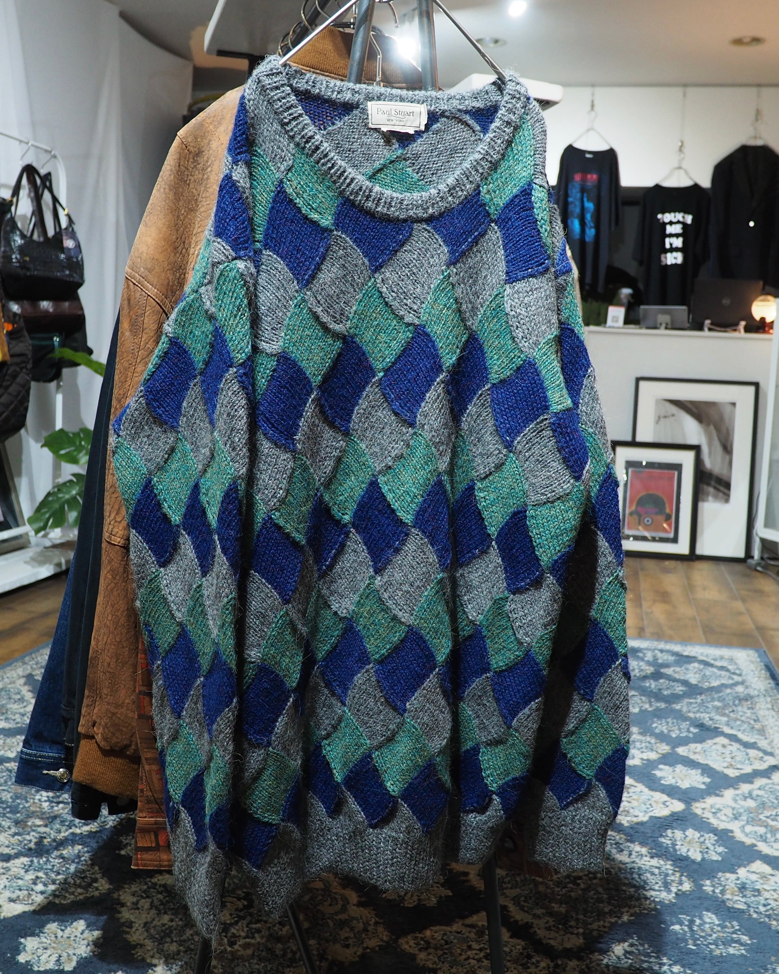 1980 - 90s " Paul Stuart - Handmade " Undulating Diamond Vintage Loose Knit