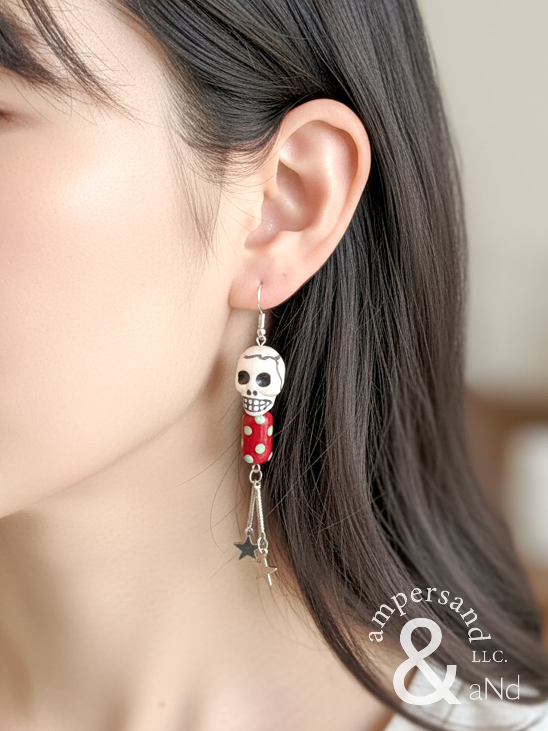 ドクロ・スカル アシンメトリーピアス(赤)