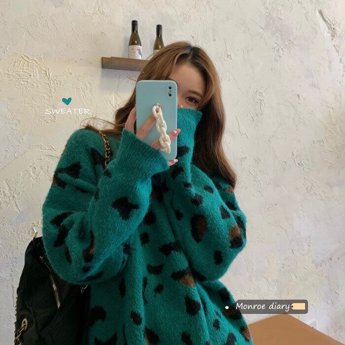 レオパードプリント柄セーター ルーズジャケット スタンダードオータムウィンターコート ロング レトロ 秋物 冬物 モンロー42164142597