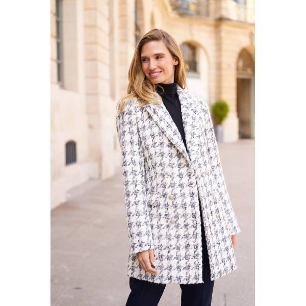 ホワイト×ライトグレー 千鳥格子ツイード チェスターコート ウール混