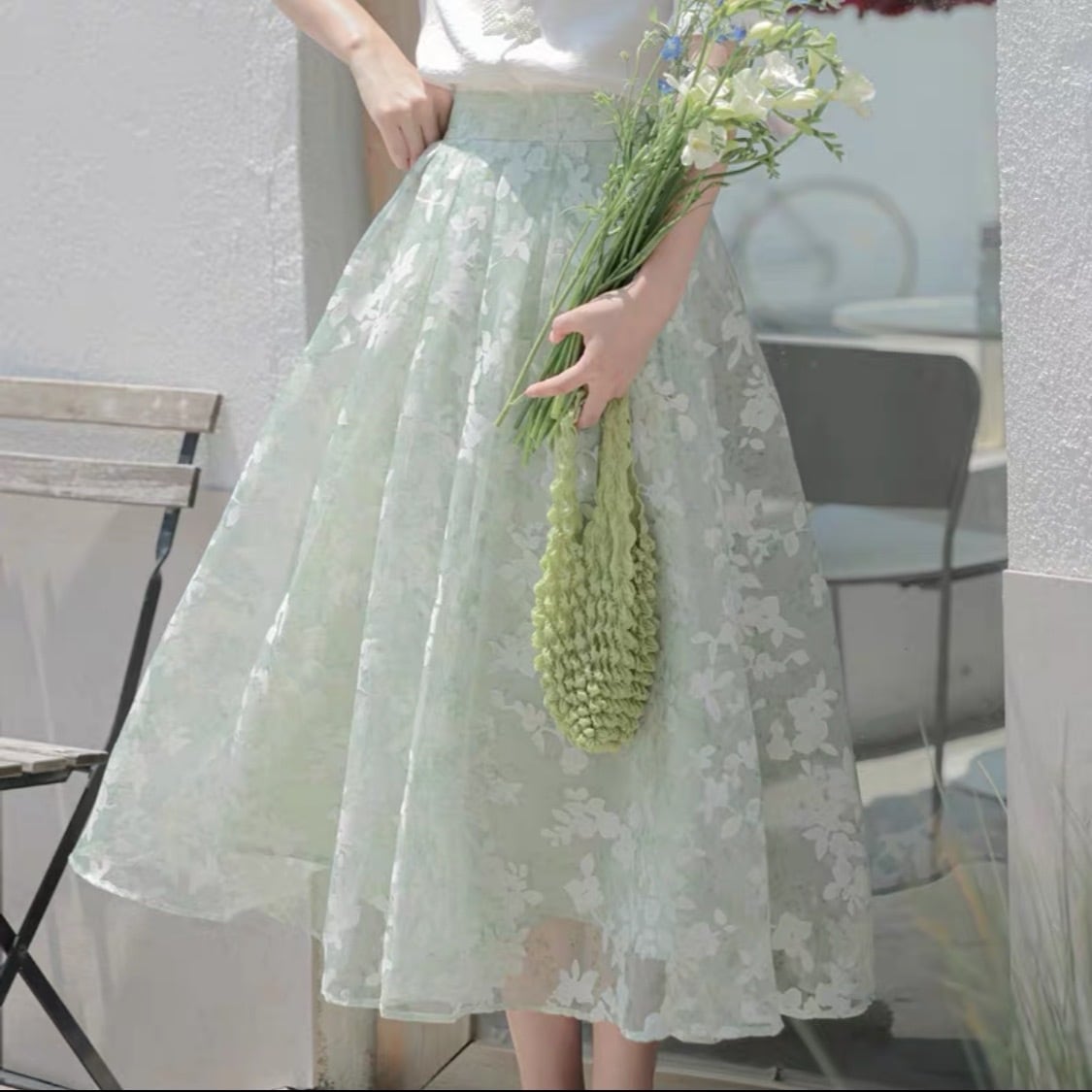 【S-L】シースルーミントスカート
