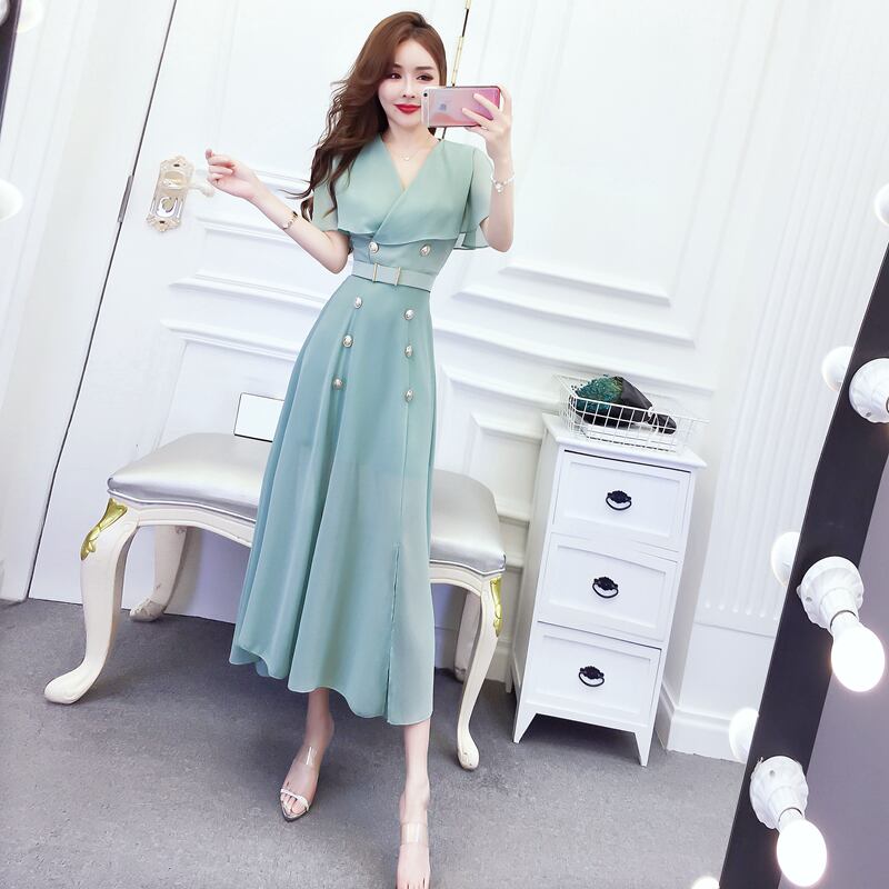 ドレス サマースタイルウェストシフォンロングスカート 夏物 ハンチェンe12895456379