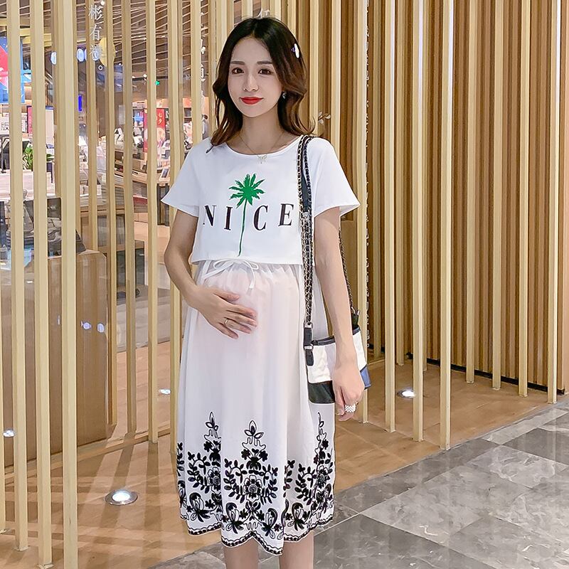 【新作】【送料無料】 マタニティウェア2020年夏の新しい綿とリネンの刺繍の偽のツーピース母乳育児スカートミドル丈のトレンディな母親の産後の母乳育児スカート コットン サマー 夏物 expec290339552814