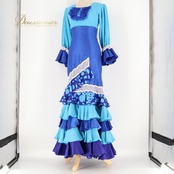 フラメンコ 衣装 トップス ファルダ ツーピース セットアップ 青 ボランテ フリル レース ハイウエスト 水色 長袖 舞台 柄 模様 水玉 ドット かわいい ブルー系 フラメンコ ダンス 衣装 パーティー コスチューム おしゃれ 可愛い ステージ衣装 ハイウエストスカート 美しい スカートシルエット