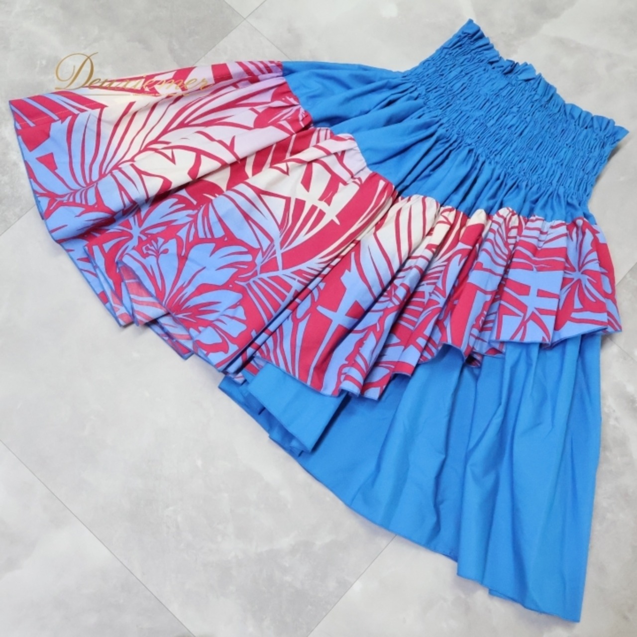 フラダンス 衣装 パウスカート エムエムジェイ MMJ ブルー系 日本製 ピンク系 ホワイト系 ダブル アシンメトリー フラ ダンス 可愛い 花柄 華やか 鮮やか 青 ハワイアン アロハ ハワイアンプリント ダンス衣装 レディース