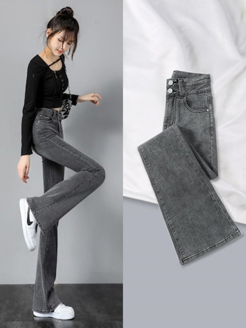 人气 新作 デニムパンツ スモークグレー ジーンズ レディース 春秋 ストレッチ 9つのポイント フレアパンツ