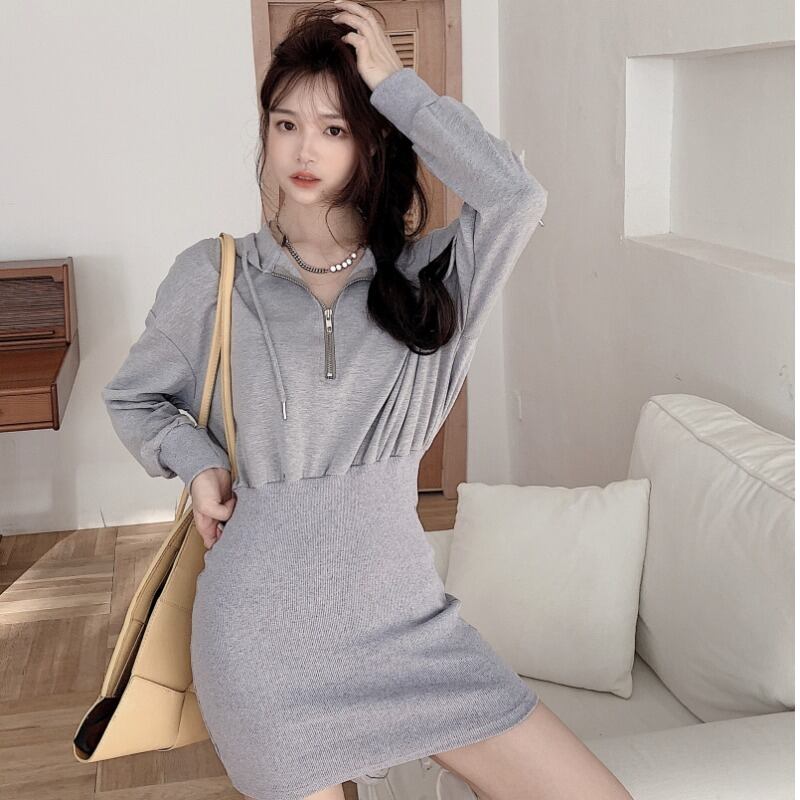ブラックフードセーター ドレス レディースオータムウィンターショートスカート スキニー ロング 秋物 冬物 YY-ファッション43403542766