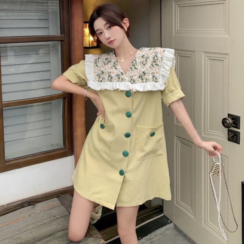 レースドレス ネイビーカラーショートフローラルルーズカジュアルAラインスカート レディース 花柄 ステッチ ハンチェンe18672955653