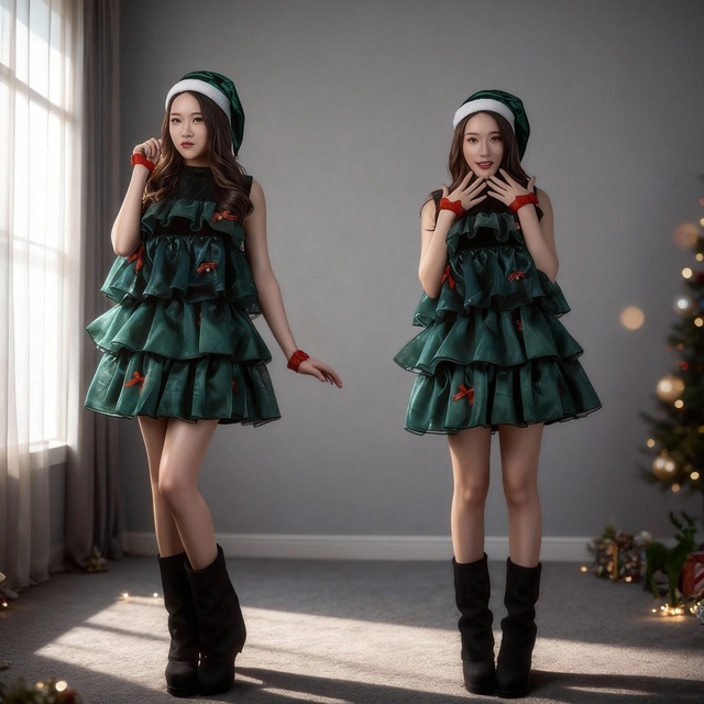 【サンタコスプレ】クリスマスツリーフリルドレス｜多段ティアード×グリーンベルベット調ワンピース