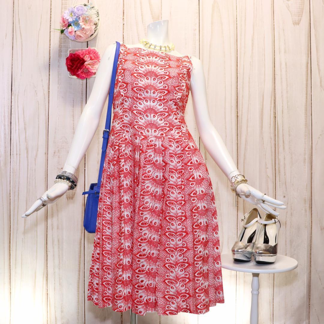 ブルックスブラザーズ 総柄刺繍コットンワンピース M 赤×白