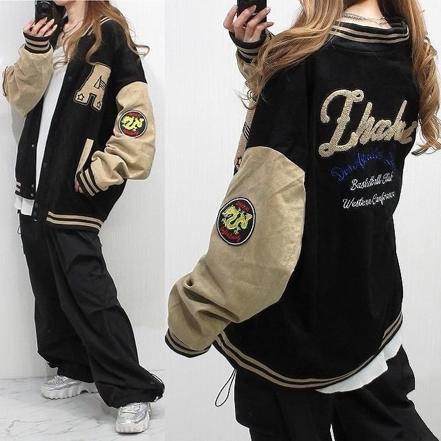 サガラ刺繍＆ALL刺繍 ワッペン スウェード 袖切替 スタジャン ブルゾン