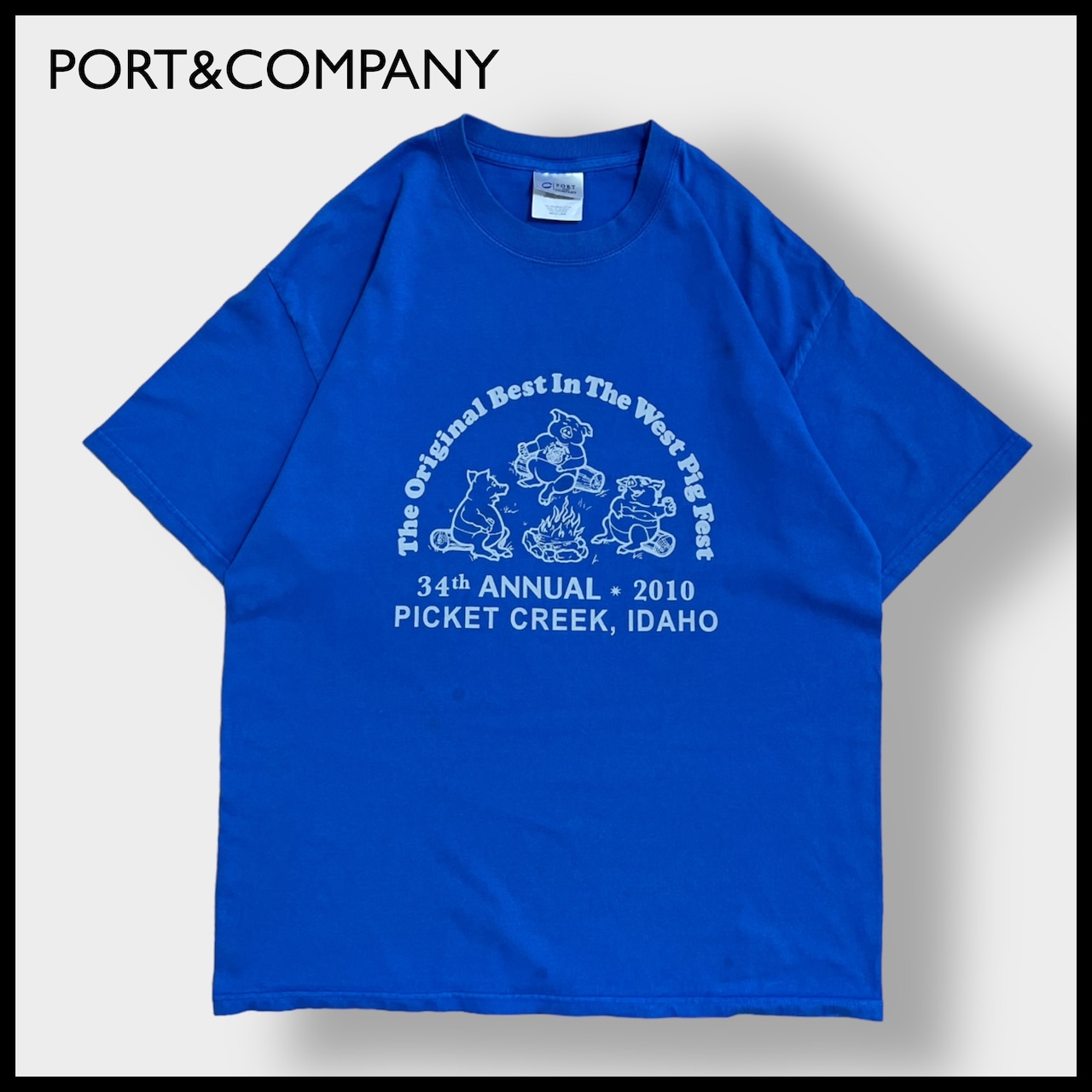 【PORT&COMPANY】バックプリント Tシャツ アニマルプリントアーチロゴ 半袖 L 豚 キャンプファイヤー  US古着