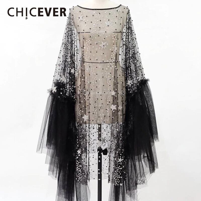 CHICEVERパッチワークメッシュドレスレディースOネックフレア長袖スパンコールヒットカラーストリートドレス2020 ロング 6base588727299177