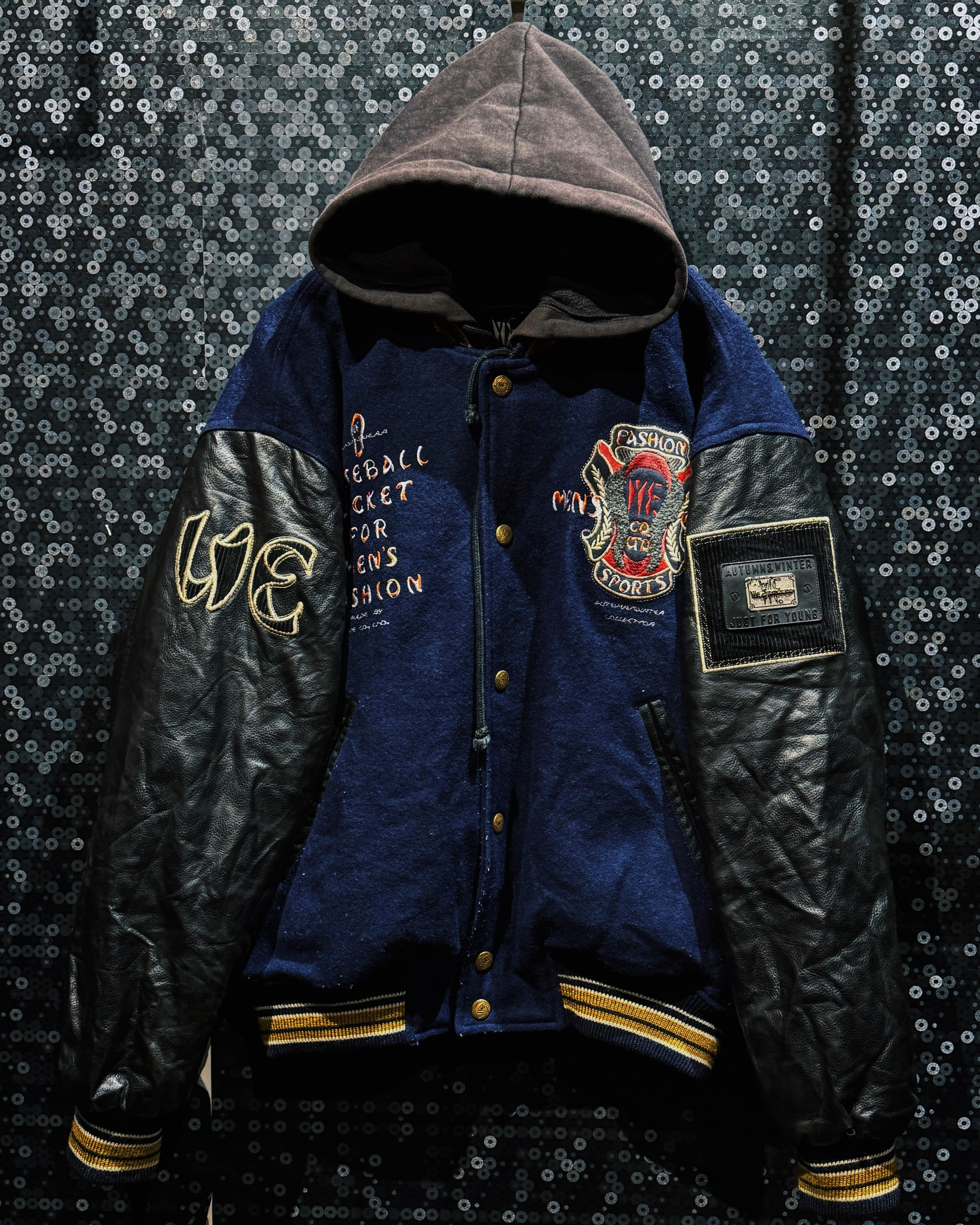 【ÆIEM】“Vintage” hood docking leather sleeve varsity jacket