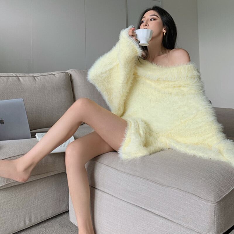 ソリッド カラーセーター オータムルーズプルオーバー トップス ロング 秋物 オフショルダー ソリッドカラー ガールズファッション12316543712