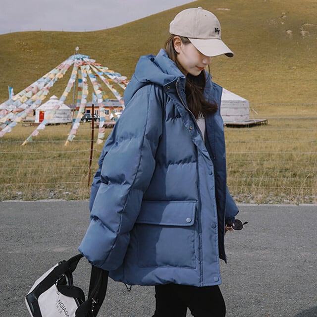 ダウンジャケット レディース アウター 防寒 あったか オーバーシルエット フード付き フーディ アウトドア おしゃれ カジュアル ブルー/ブラック/ベージュ S/M/L/XL
