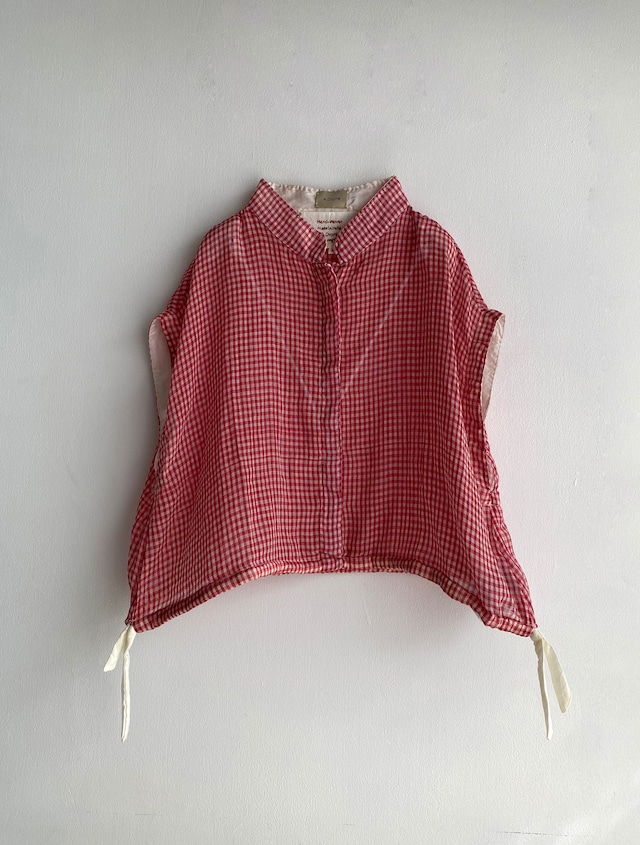 Frenchsleeve string short length top "red gingham check " khadi cotton