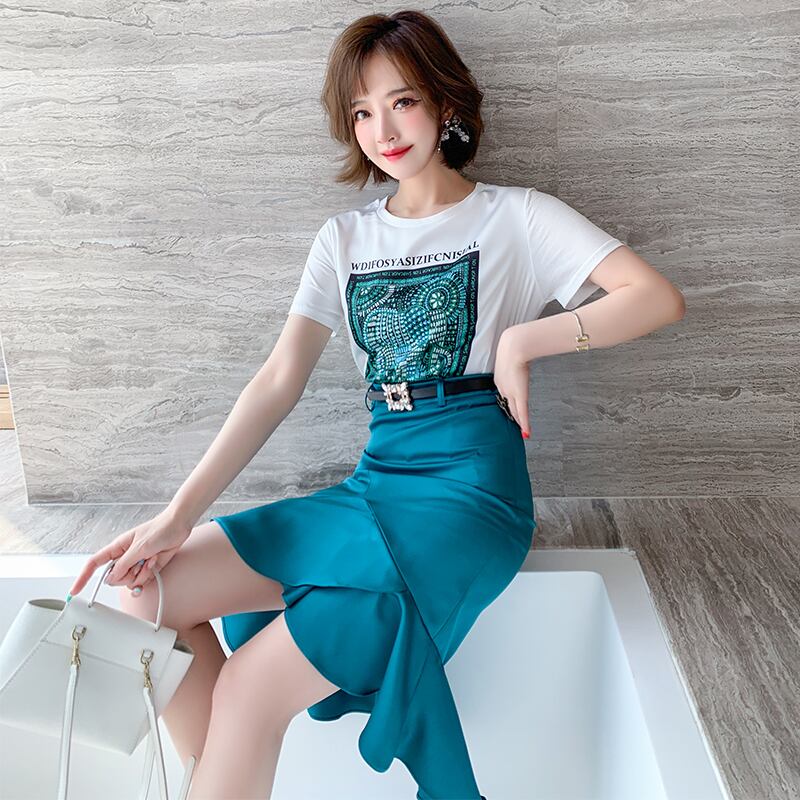 ラウンドネックプリントTシャツ スカート ソリッド カラースプリングサマー 春物 夏物 Oネック ソリッドカラー MIUCO16876818271