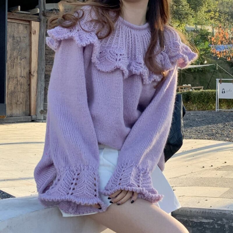 トップス レディース セーター S M L パープル ニット ローゲージ 長袖 無地 プルオーバー ベルスリーブ フリル 手編み風 ざっくり 透け感 オーバーサイズ ゆったり ルーズ 体型カバー 二の腕カバー 小顔効果 シンプル カジュアル フェミニン キュート ガーリー 大人可愛い おしゃれ 普段使い デート お出かけ 女子会 休日 旅行 通学 着まわし 重ね着コーデ ファッション コーデ スタイル モテ 送料無料 こなれ感 ユニーク 春 秋 冬 個性的 かわいい キュート だぼっと 萌え袖 かぎ針編み
