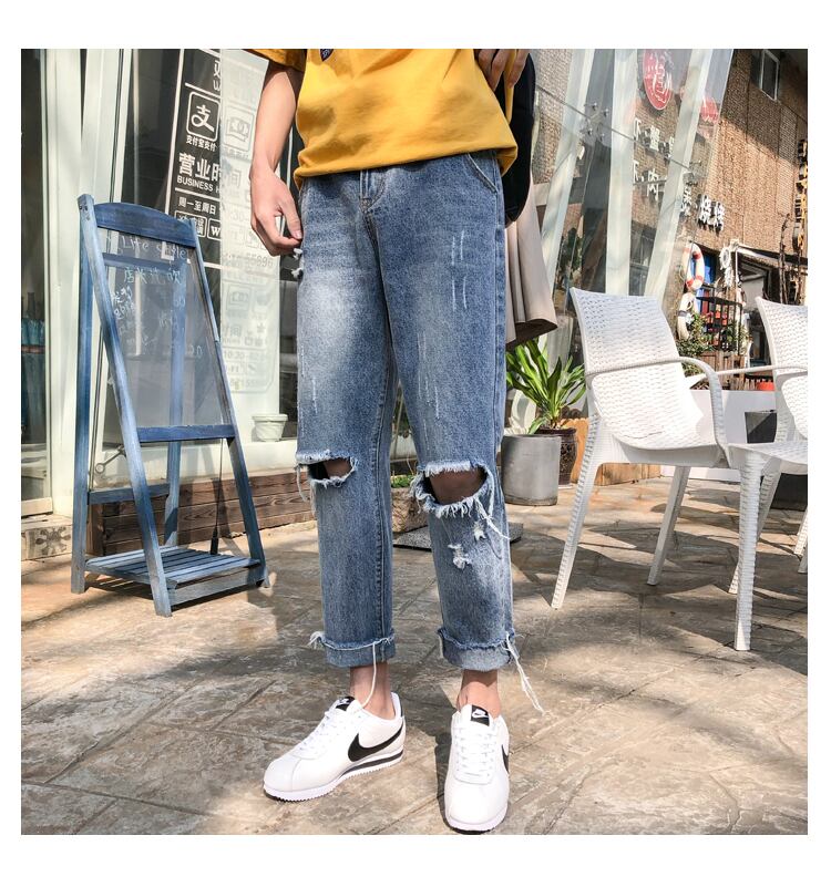 全1色 デニム パンツ ストレート カジュアル ダメージ 無地