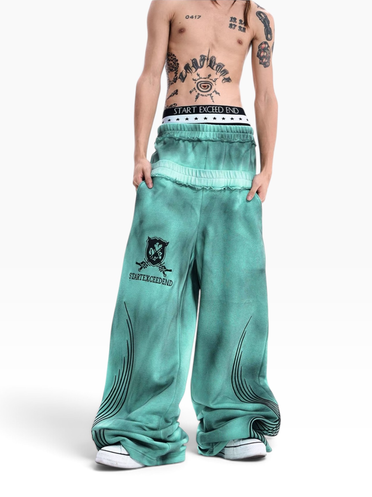 【STARTEXCEEDEND】DOUBLE WAIST EMBROIDERED WIDE LEG SWEATPANTS